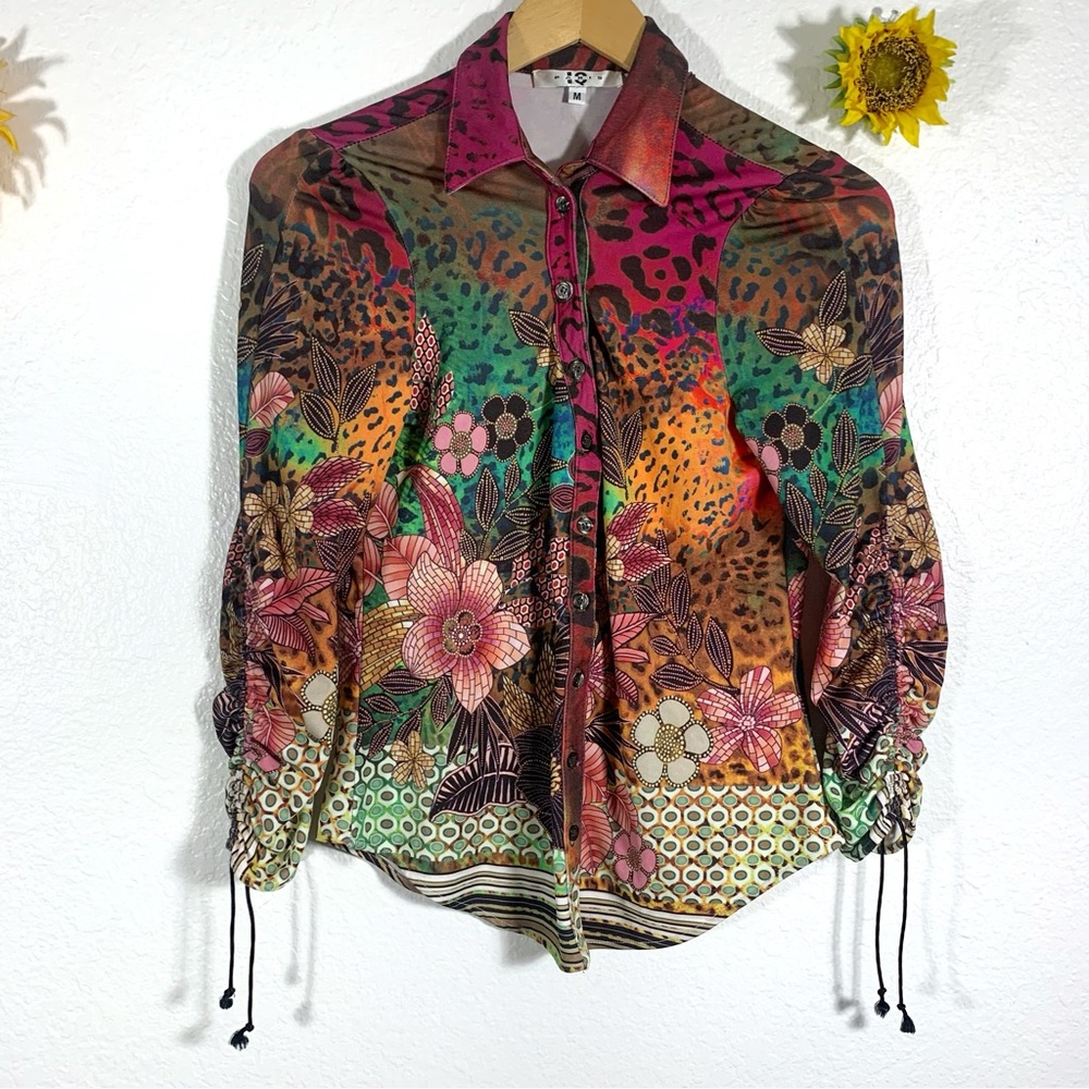 IQ Paris Floral Animal Print Button Up Scrunch Sleeve Blouse Size Medium